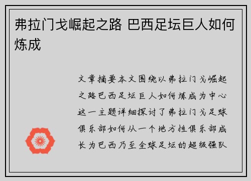 弗拉门戈崛起之路 巴西足坛巨人如何炼成 弗拉门戈崛起之路 巴西足坛巨人如何炼成