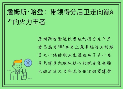 詹姆斯·哈登:带领得分后卫走向巅峰的火力王者 詹姆斯·哈登:带领得分后卫走向巅峰的火力王者
