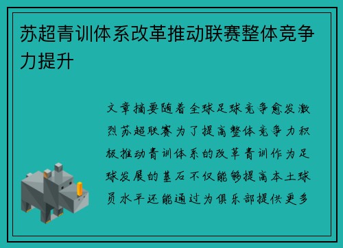 苏超青训体系改革推动联赛整体竞争力提升